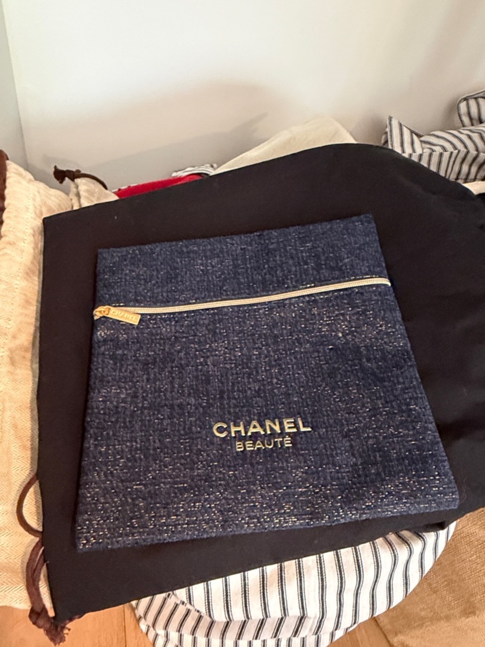 CHANEL Navy Tweed Zip Pouch with Gold Logo